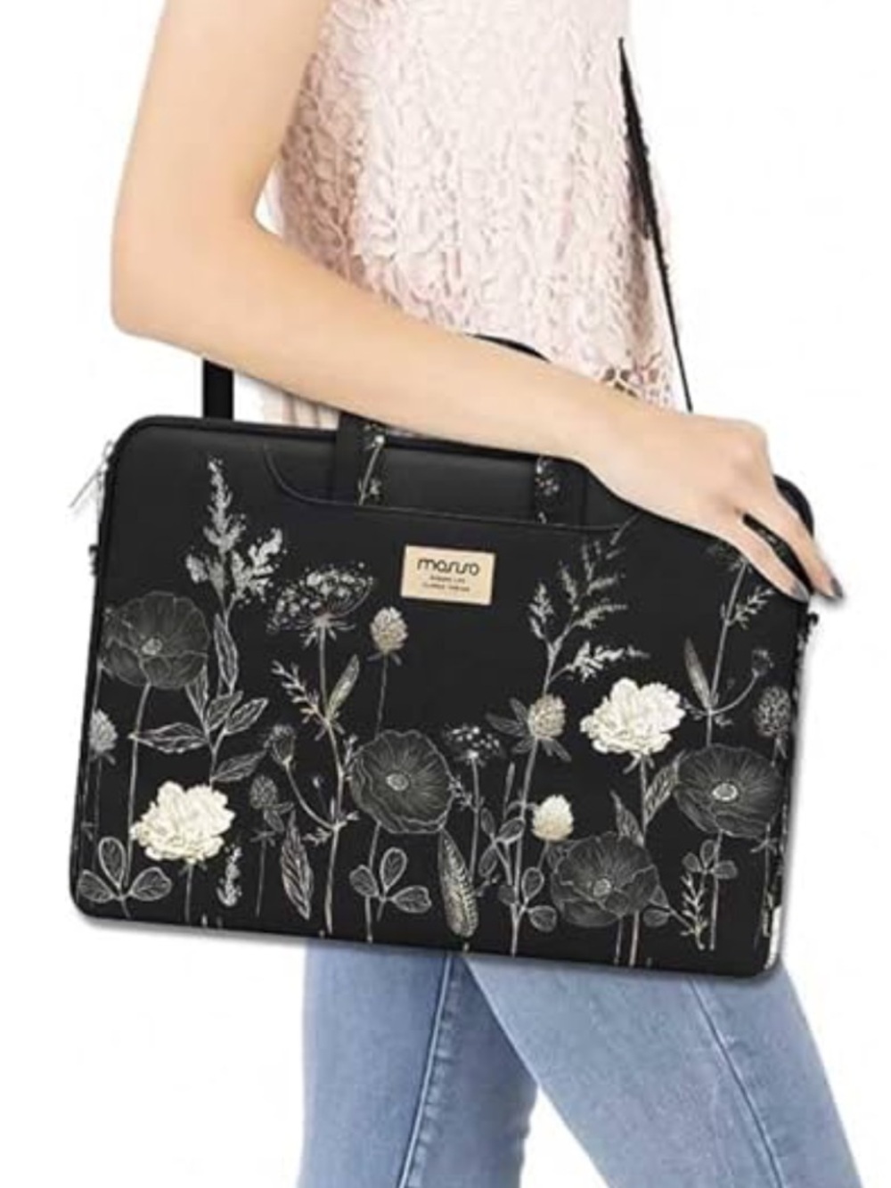 Mosiso 15.6” Botanical Black Floral Laptop Tote Crossbody Bag
